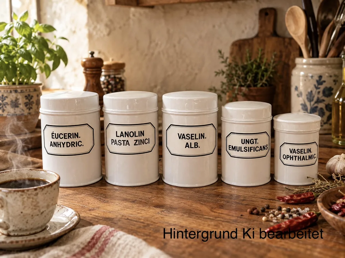 Apothekerdosen Set, antik, 1920er, Porzellan, Beschriftung, Sammlerstücke, Dekoration