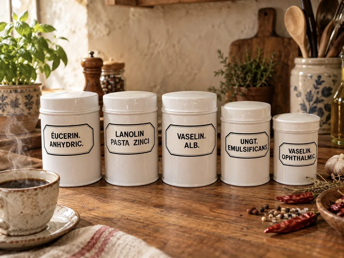 Apothekerdosen Set, antik, 1920er, Porzellan, Beschriftung, Sammlerstücke, Dekoration