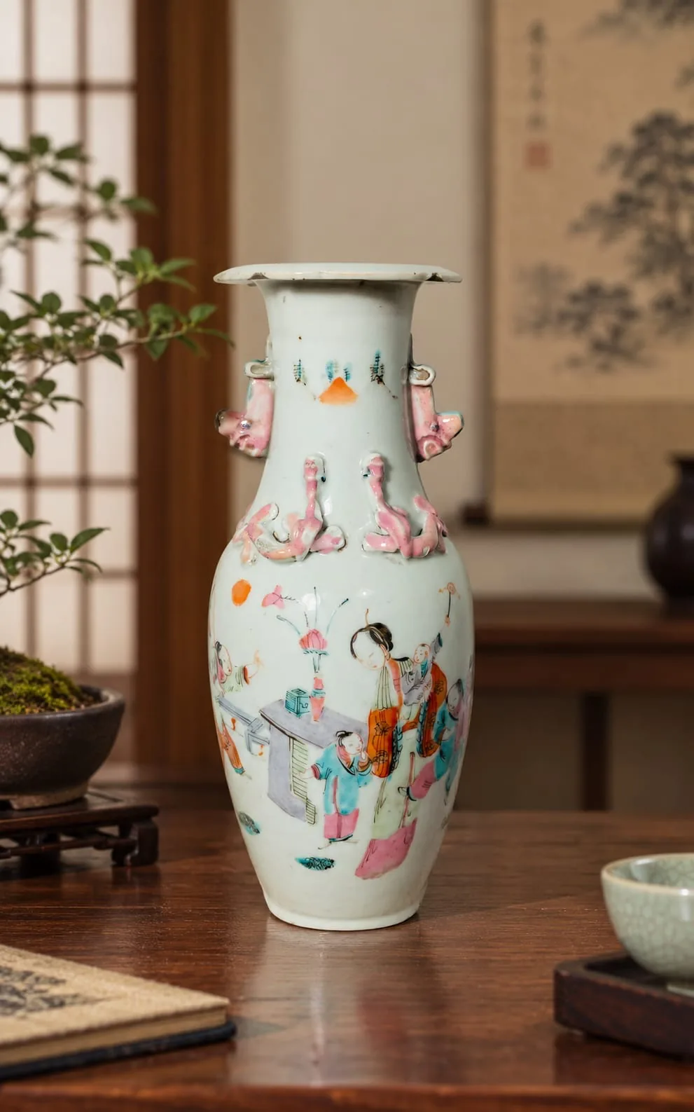 Antike chinesische porzellanvase familie rose kuang hsu – Chinesische Porzellanvase, Familie – Rose -Stil, antik, Figurenszenen, Nr.296, Kuang Hsu, 1875-1908