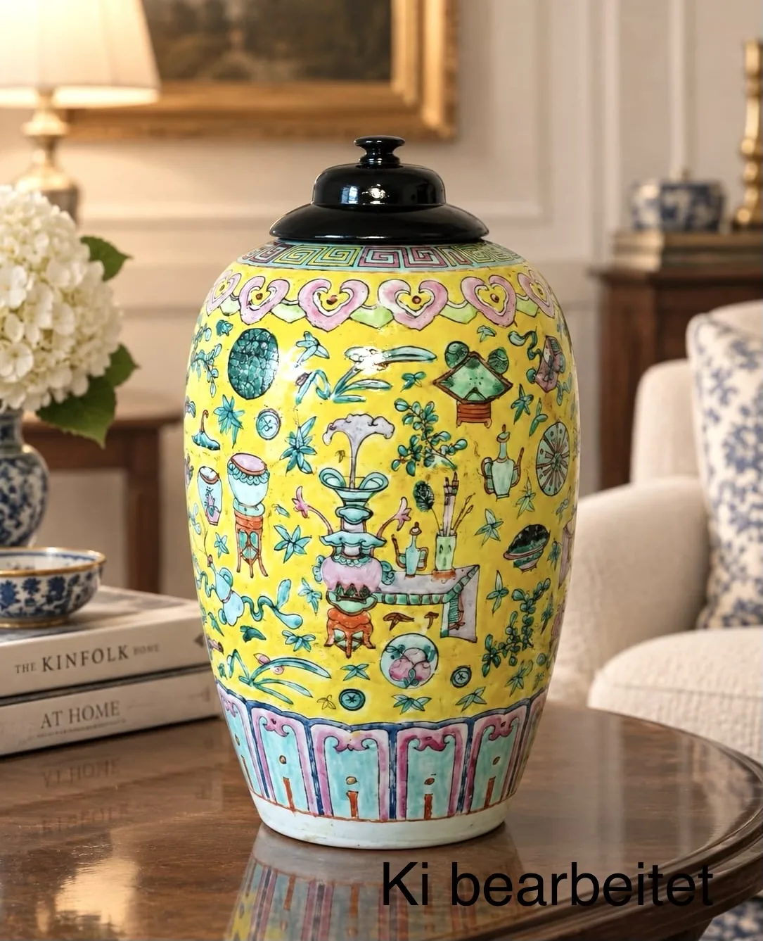 Antike chinesische vase republik periodes 1912 – Antike chinesische Vase aus Republik-Periode (ca. 1912) mit Holzdeckel, Zertifikat Nr.216, klassisches Reliefmotiv, 30 cm Hoch