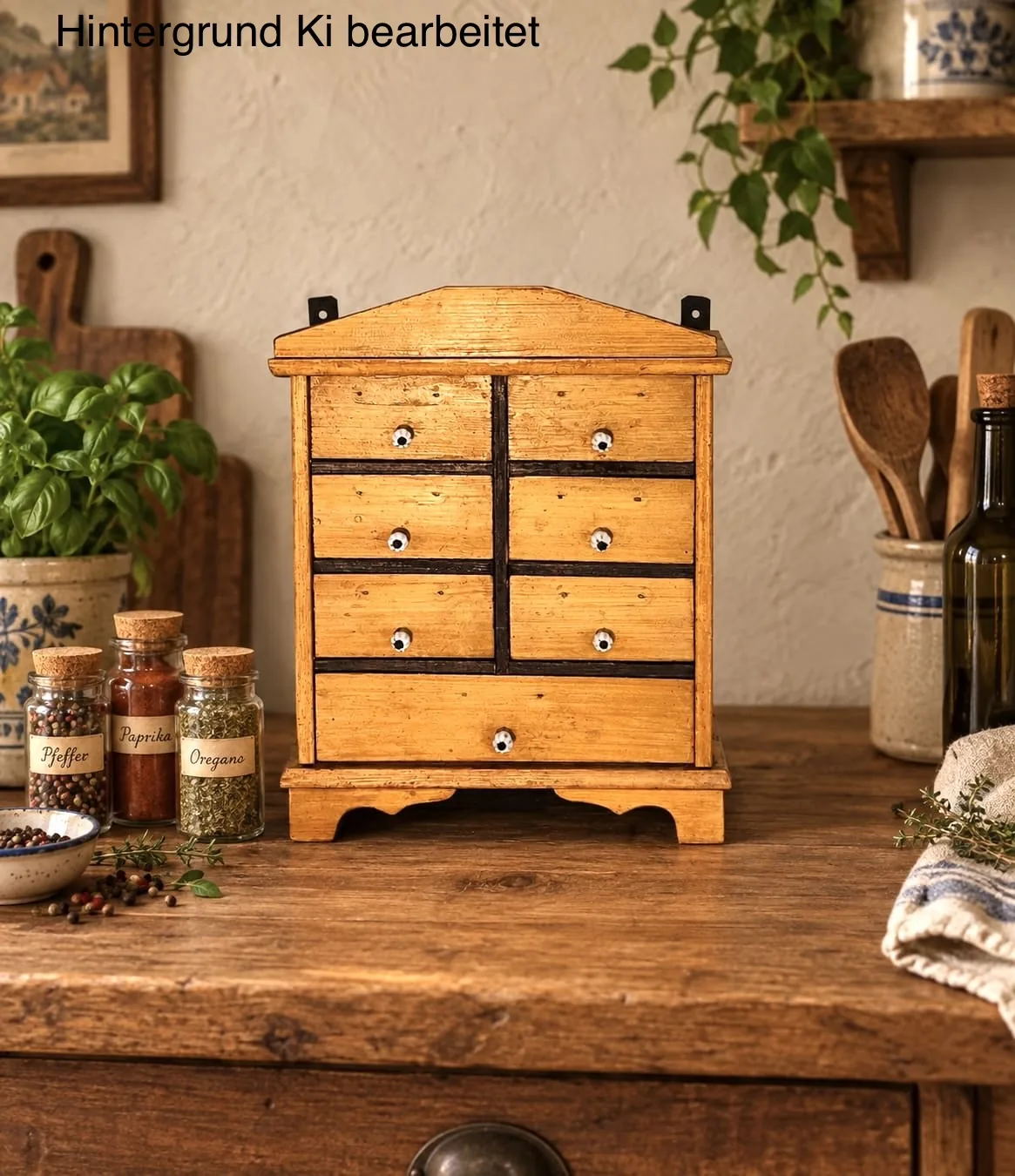 Antikes Gewürzregal Landhausstil – Gewürzregal, Hängeschrank, antik, 1910er, Weichholz, Landhaus , Porzellan Griffe, Augenweide