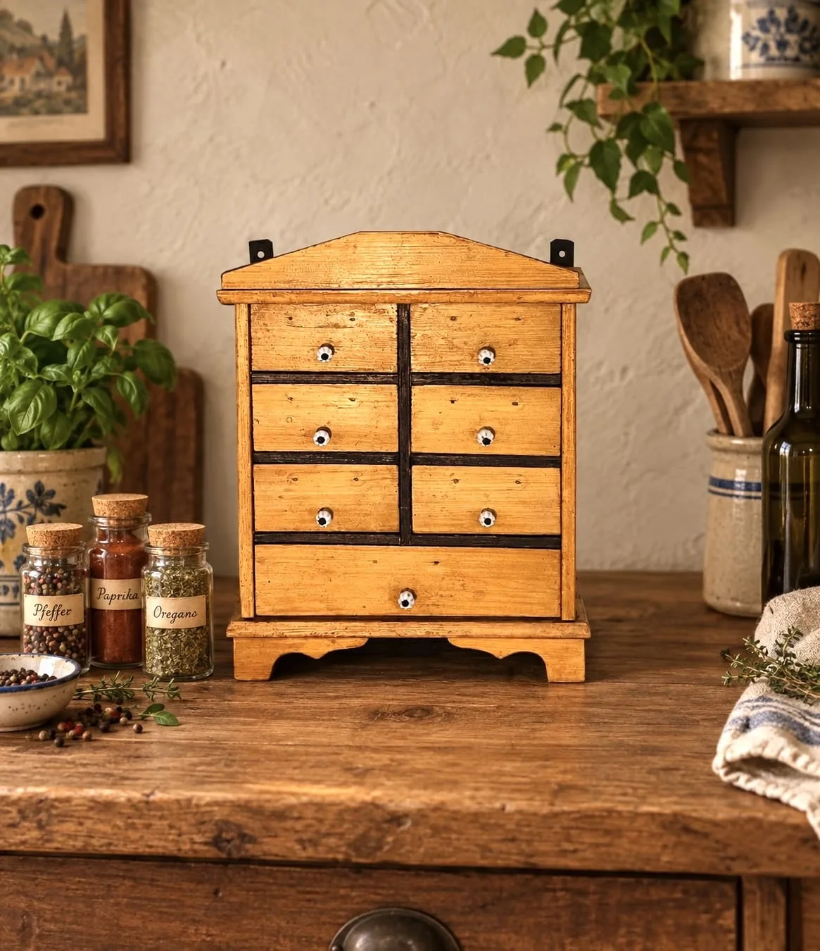 Gewürzregal, Hängeschrank, antik, 1910er, Weichholz, Landhaus , Porzellan Griffe, Augenweide