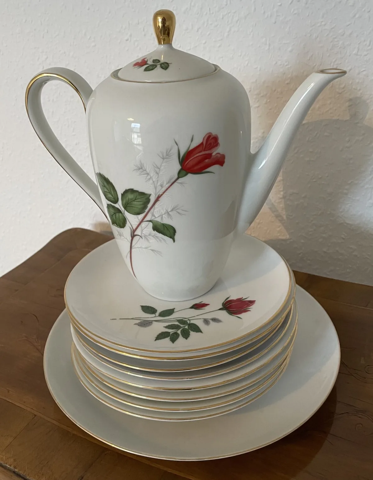 Antikes Keramik Set – Keramik Teller Set mit Kanne, antik, Rosenmuster, Marke Eschenbach, Hingucker Nostalgie Kaffeerunde