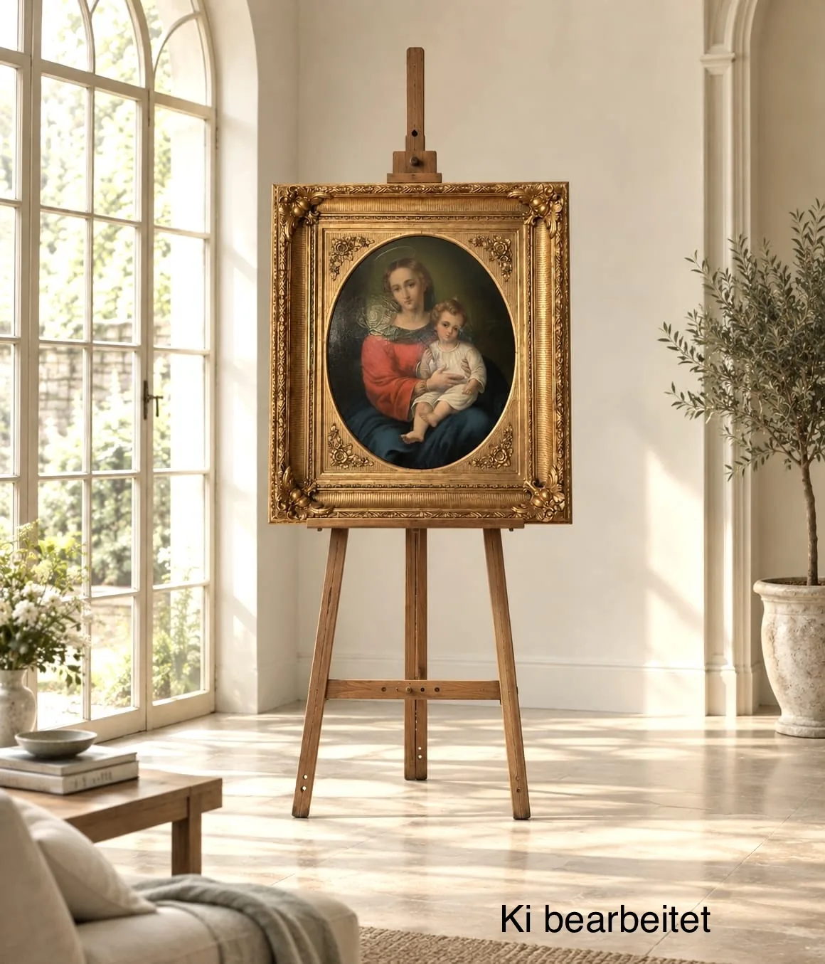 Antikes Ölgemälde Madonna Jesuskind Murillo Motiv – Antikes Ölgemälde Madonna mit Jesuskind nach Murillo-Motiv, ca. 1850–1900, gerahmt in einem ornamentierten Prunkrahmen