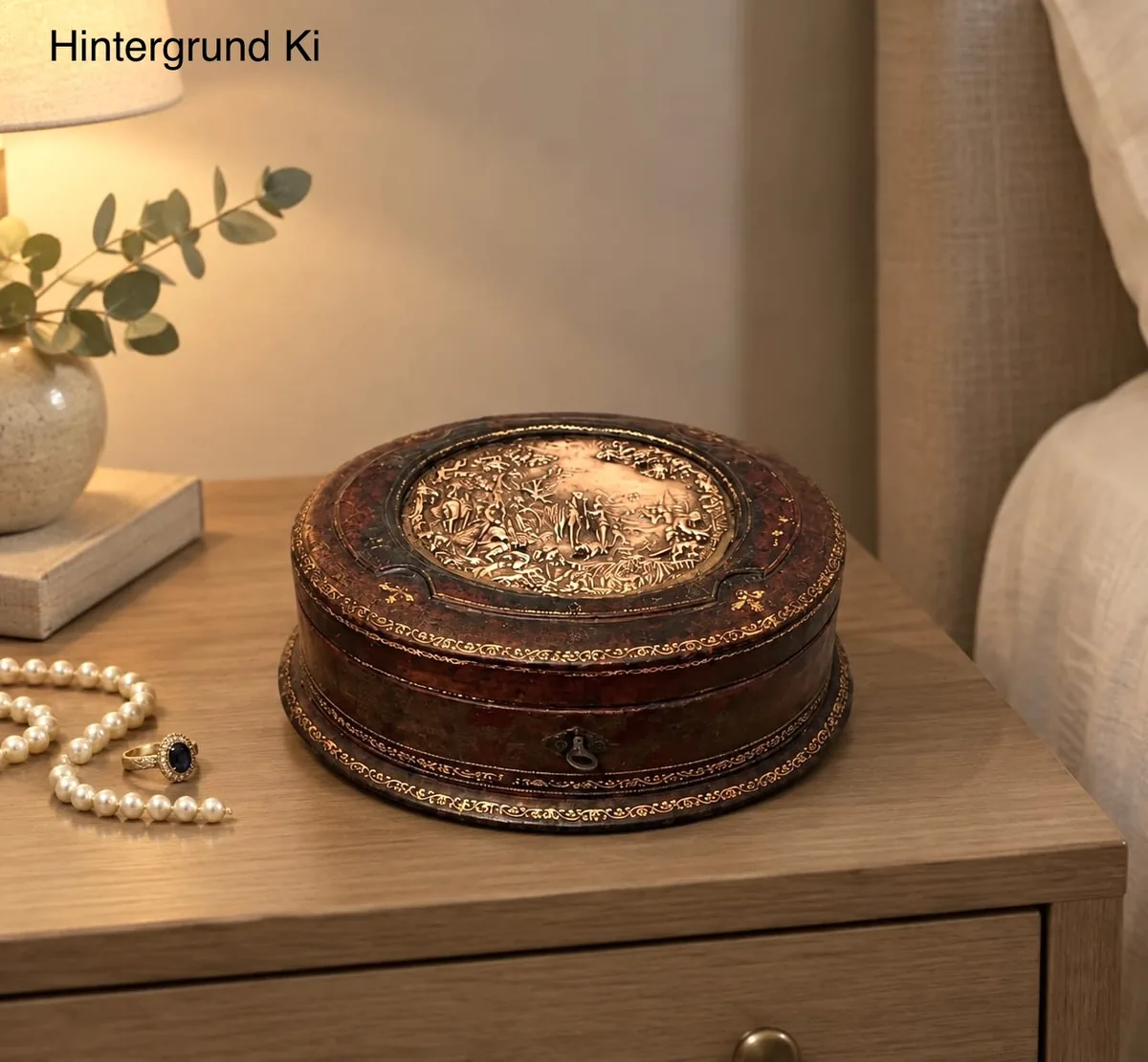 Antik Schmuckschatulle Leder 1920er Vintage – Antike Lederschmuckschatulle 1920er – Messingmotiv, Samtbezug, Schlüssel