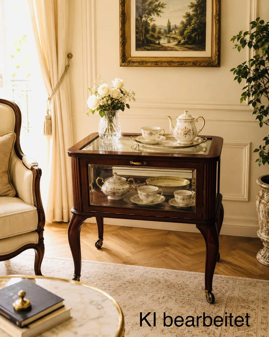 Antiker Tee-Servierwagen Art Deco (1920er) aus Nussbaum – Vitrine, elegante Augenweide