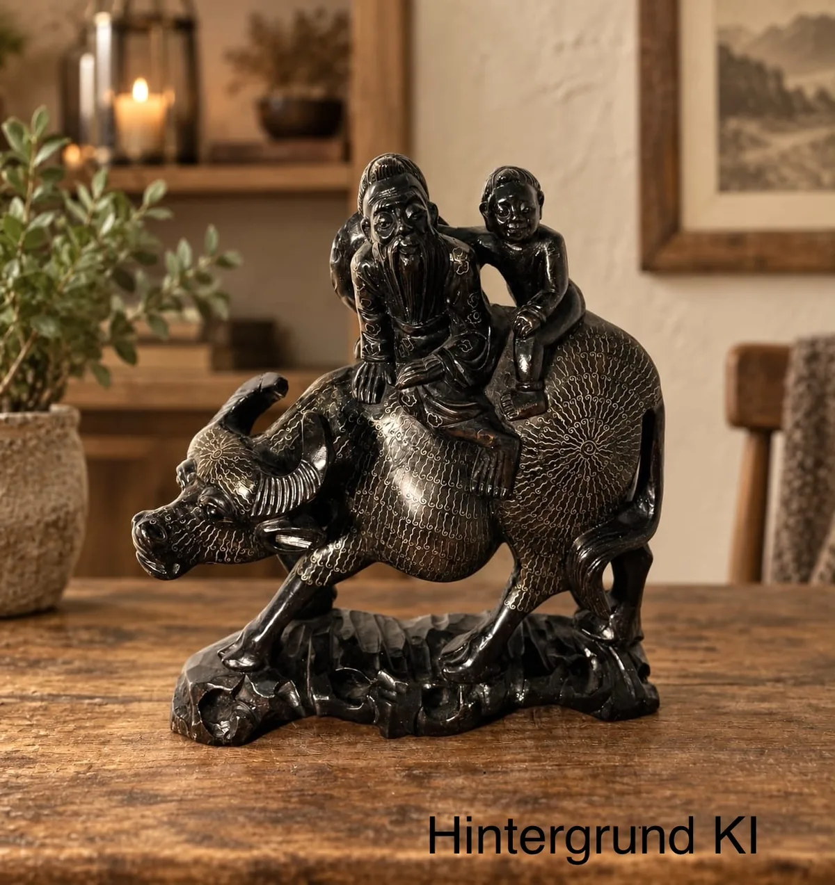 Asiatische Vintage-Skulptur – Reiter auf Wasserbüffel mit Silberdraht - Intarsien