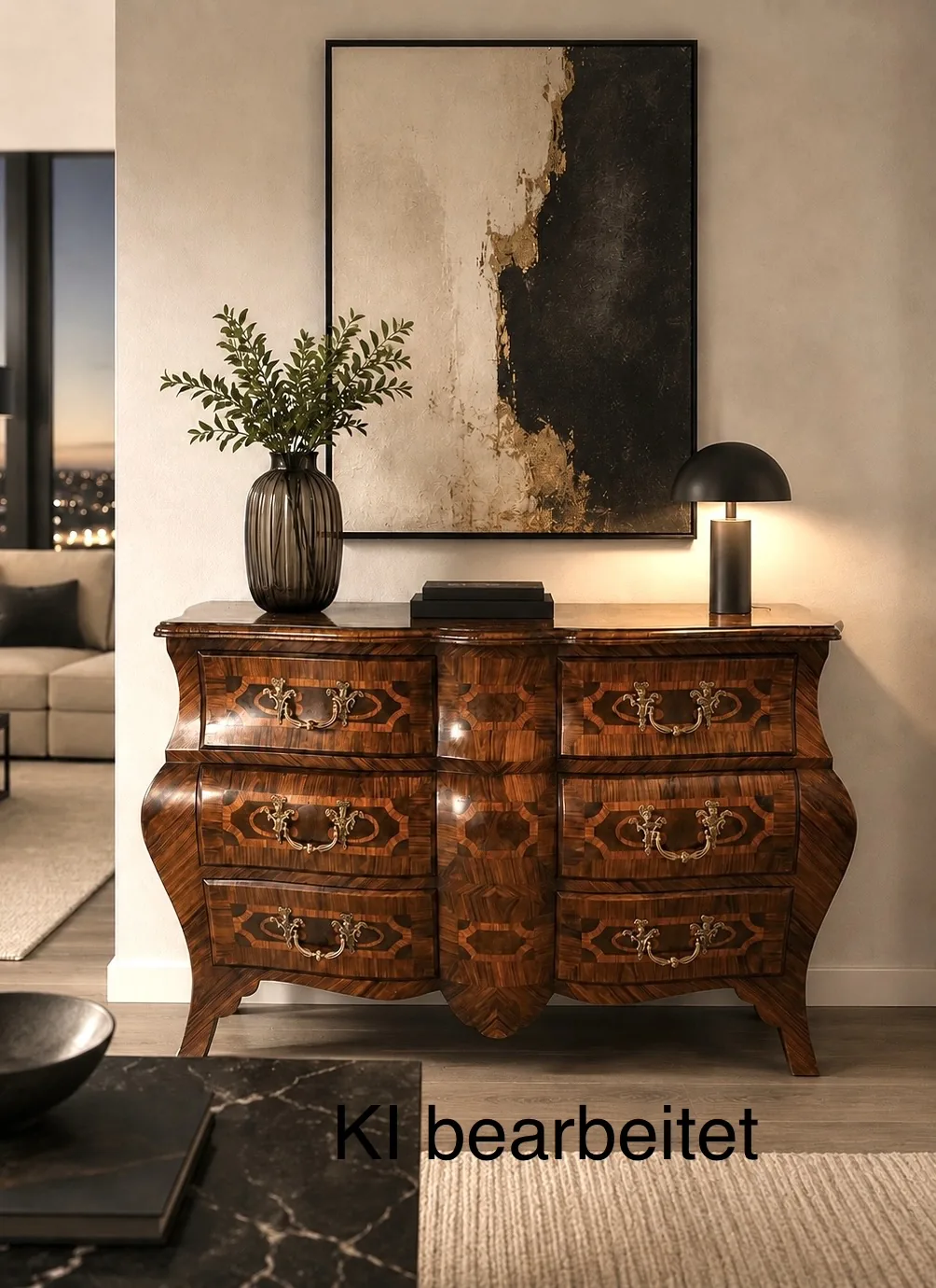 Barock-kommode-palisanderfurnier-intarsien – Antike Barock-Kommode – Vintage Palisanderfurnier Stil, Intarsien & Edle Beschläge, sechs Schubladen