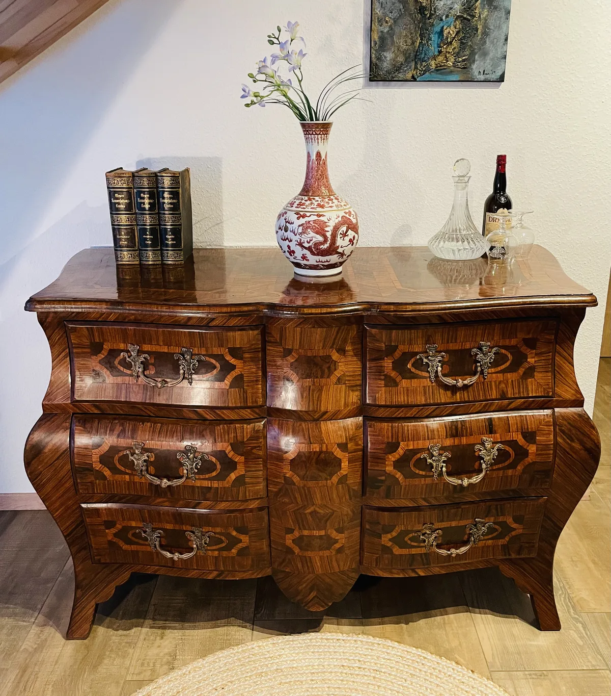 Antike Barock-Kommode – Vintage Palisanderfurnier Stil, Intarsien & Edle Beschläge, sechs Schubladen