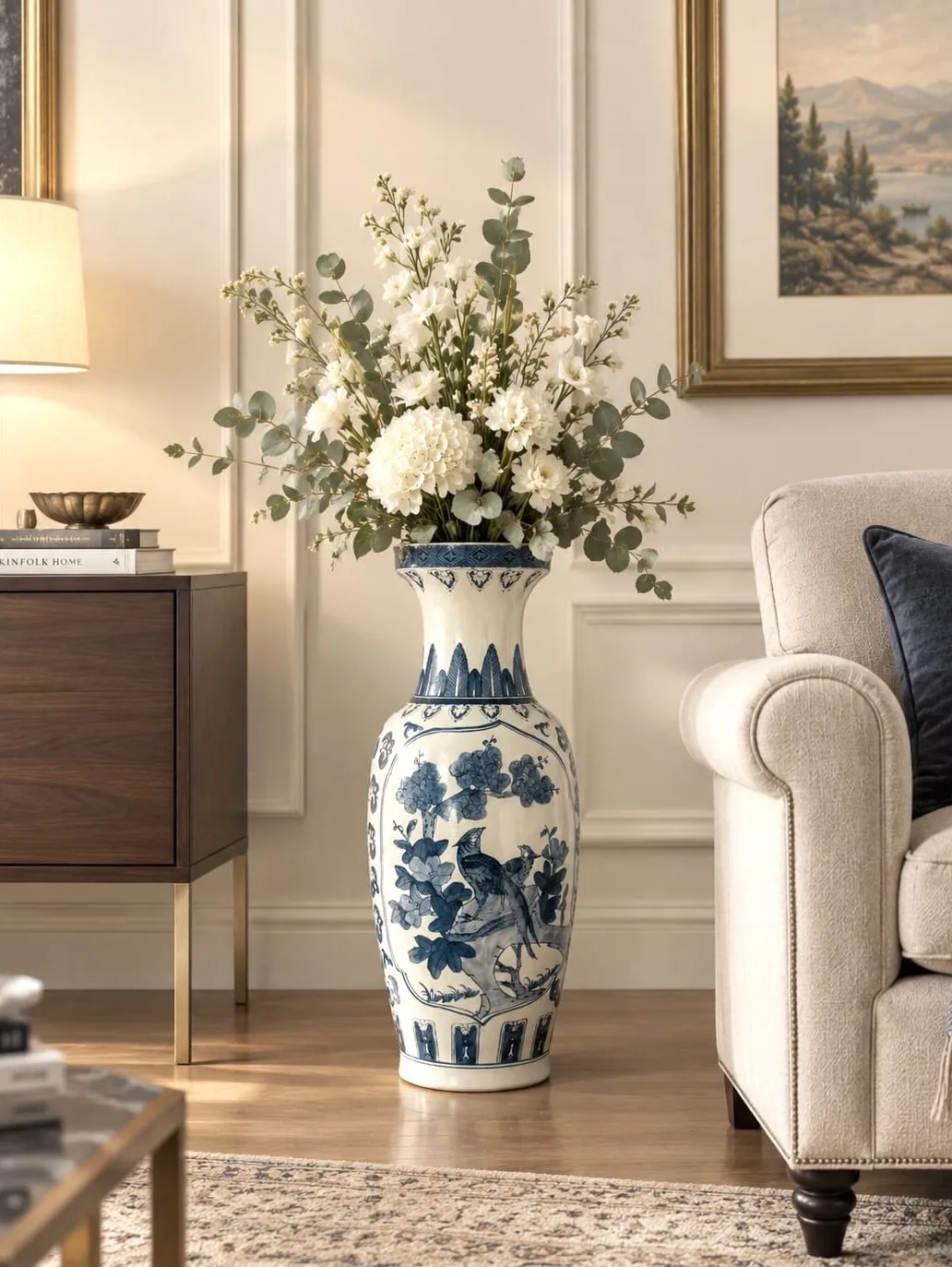 Chinesische Bodenvase – Vintage 1960er/70er, handbemalt, Vögel und blühende Zweige ,eine Augenweide