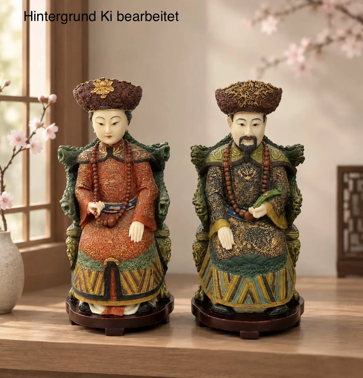 Chinesische Kaiserpaar aus Kunstharz – Chinesische Kaiserpaar, Kaiser & Kaiserin aus Kunstharz, Holzsockel Vintage, Dekoration