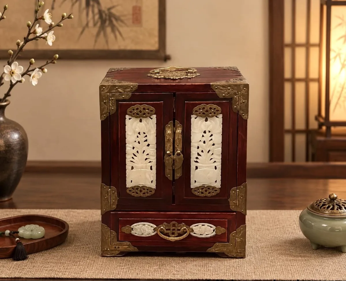 China Kabinett Schmuckkiste – Vintage 1960er, Mid Century Stil, Jade-Einlage, Messing-Beschläge
