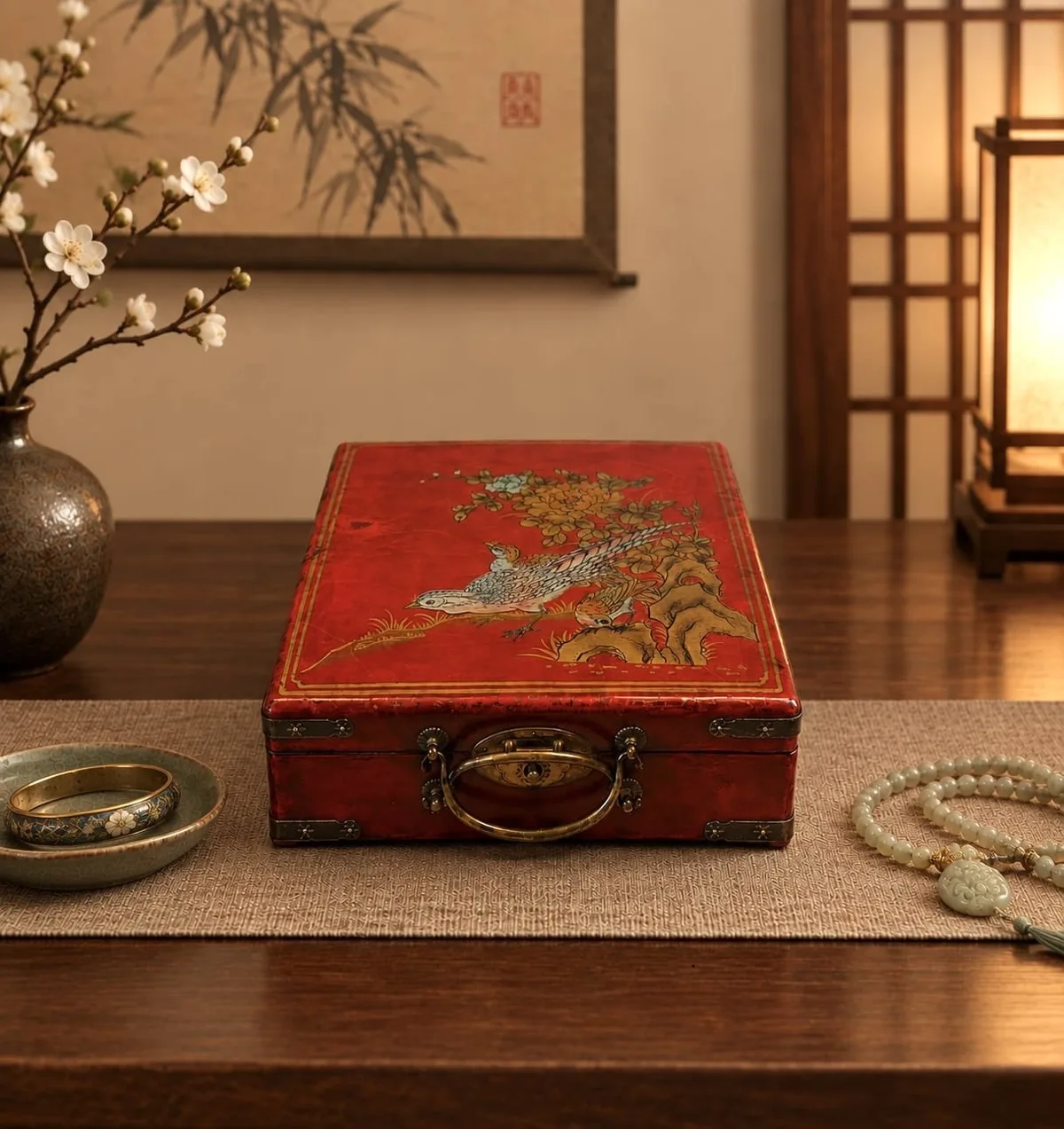 Chinesische Schmuckschatulle Vintage 1960er/1970er – Almanach-Auskleidung, Chinoiserie, Messingbeschläge