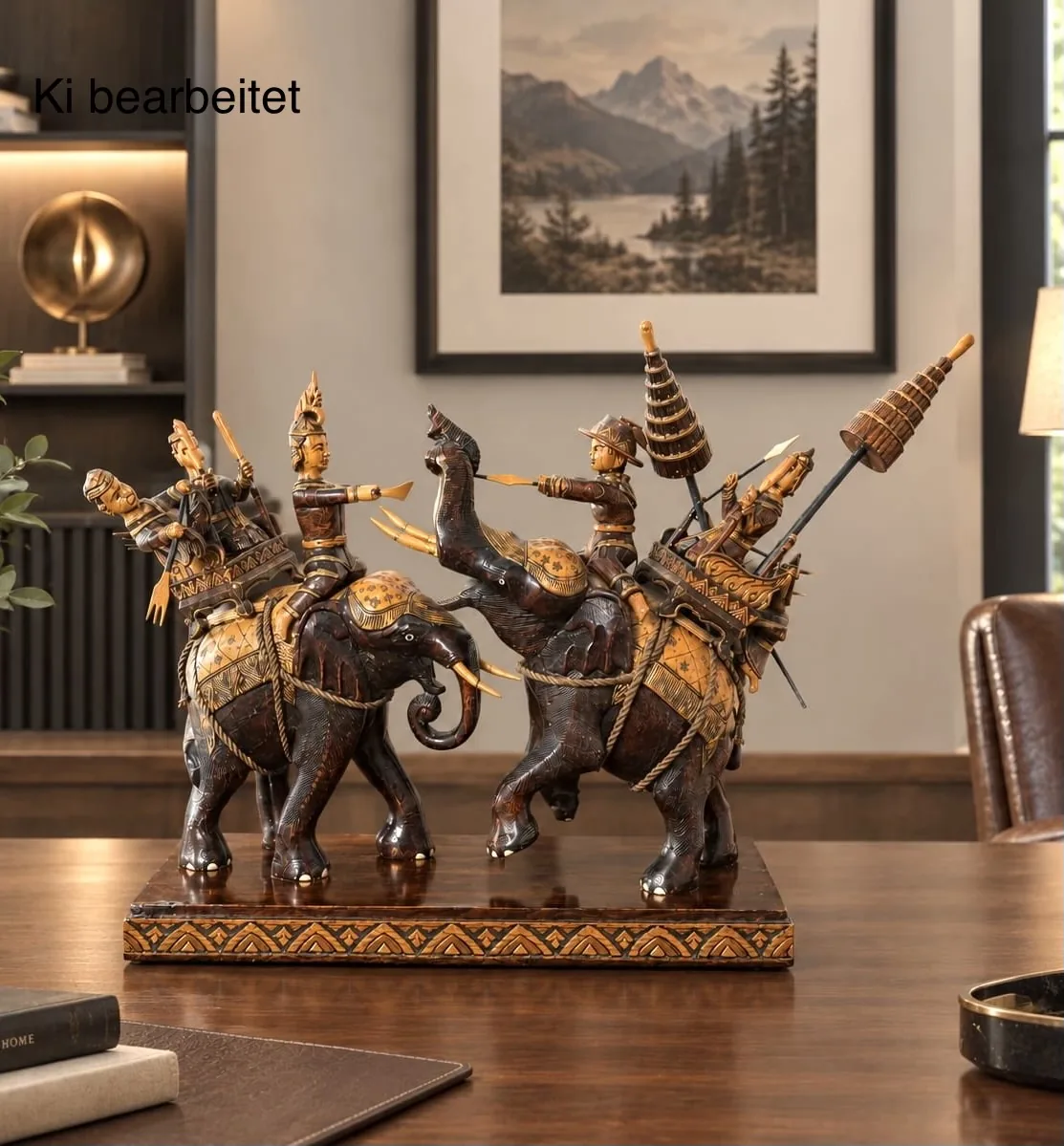 Handgeschnitzte Holzskulpturengruppe Schlachtszene Elefant 1950er – Handgeschnitzte Holzskulpturengruppe – Vintage Schlachtszene, Elefant, 1950er/60er, stattliche Größe
