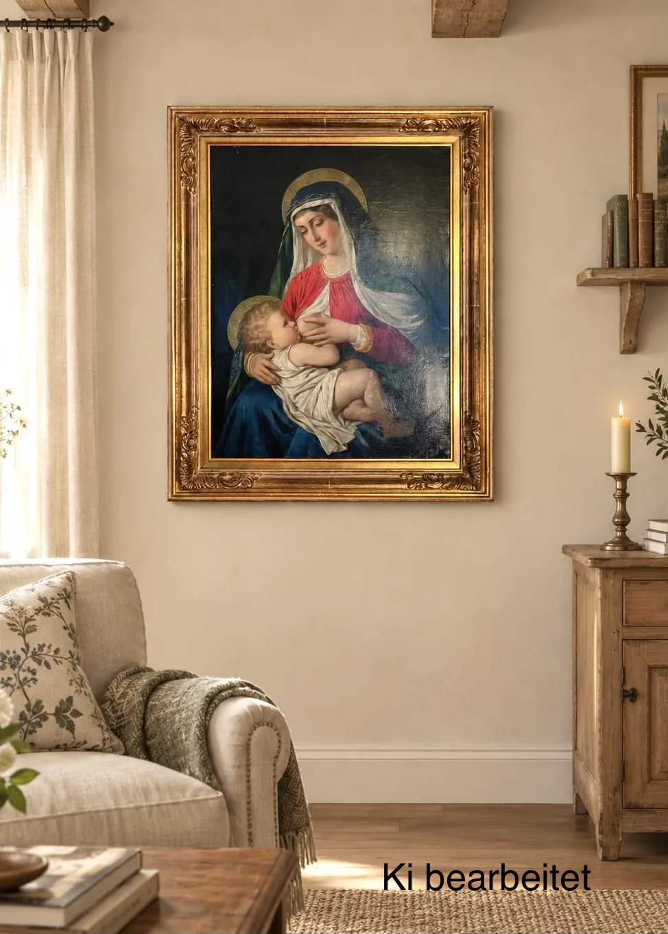 Maria Lactans antikes Ölgemälde – Antikes Ölgemälde Maria Lactans im Prunkrahmen – ca. 1850–1900, sakrale Kunst, hochwertige Handwerkskunst