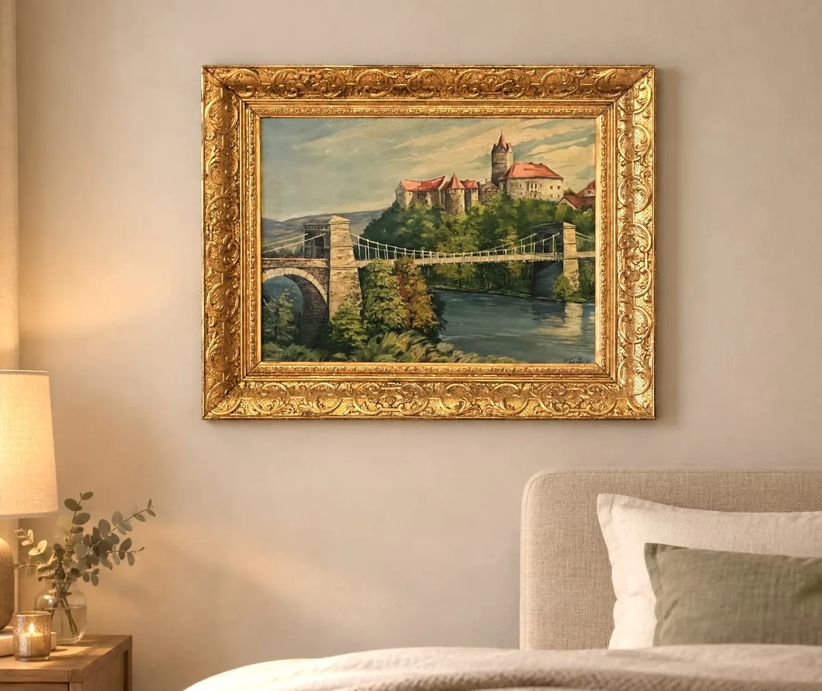 Öl Gemälde, Stuckrahmen, Signatur J.Vrücko 63 , Motiv Burg, Spätromantischer Realismus, Hingucker