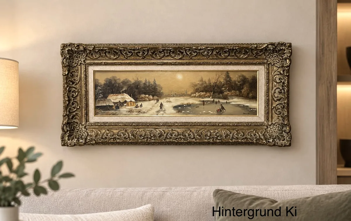 Antikes Ölgemälde Wintermotiv Flusslandschaft – Jörg Sörensen, Prunkrahmen, 53x26 cm