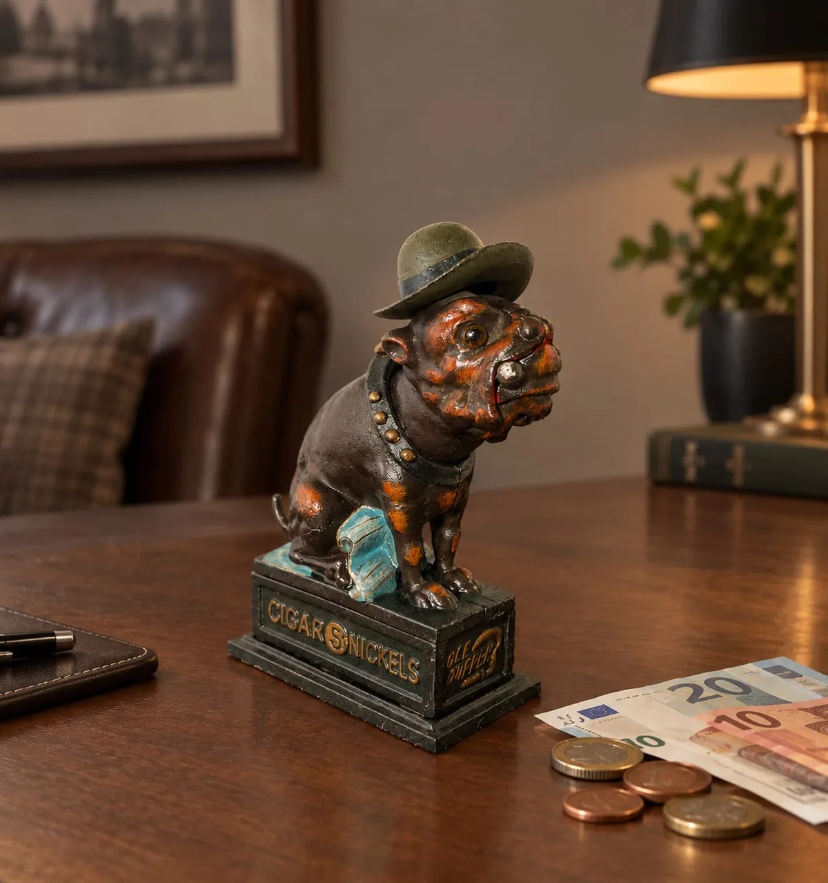 Gusseisen Bank Bull Dog Spardose - Mechanisch - Bank 0le Puffer Zigarre Nickel Hund