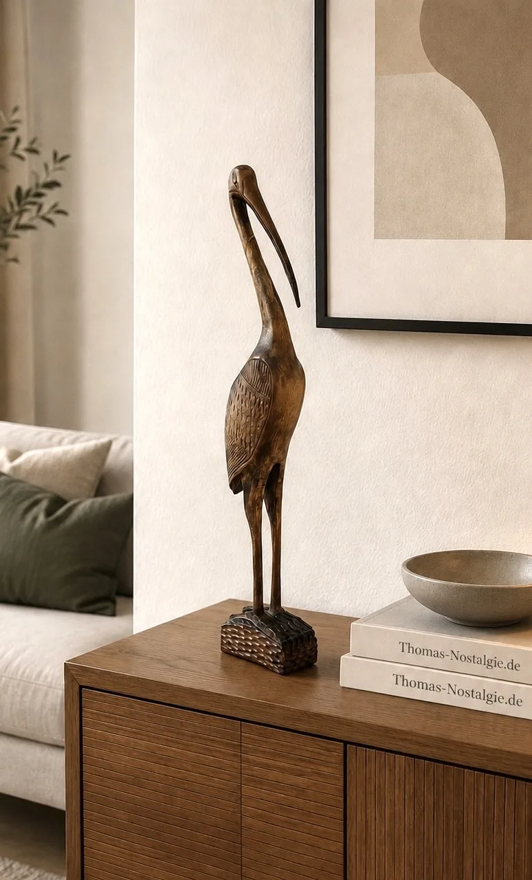 Stilvolle Vintage Kranich-Skulptur aus Teakholz – Mid Century 50er/60er, Design Klassiker