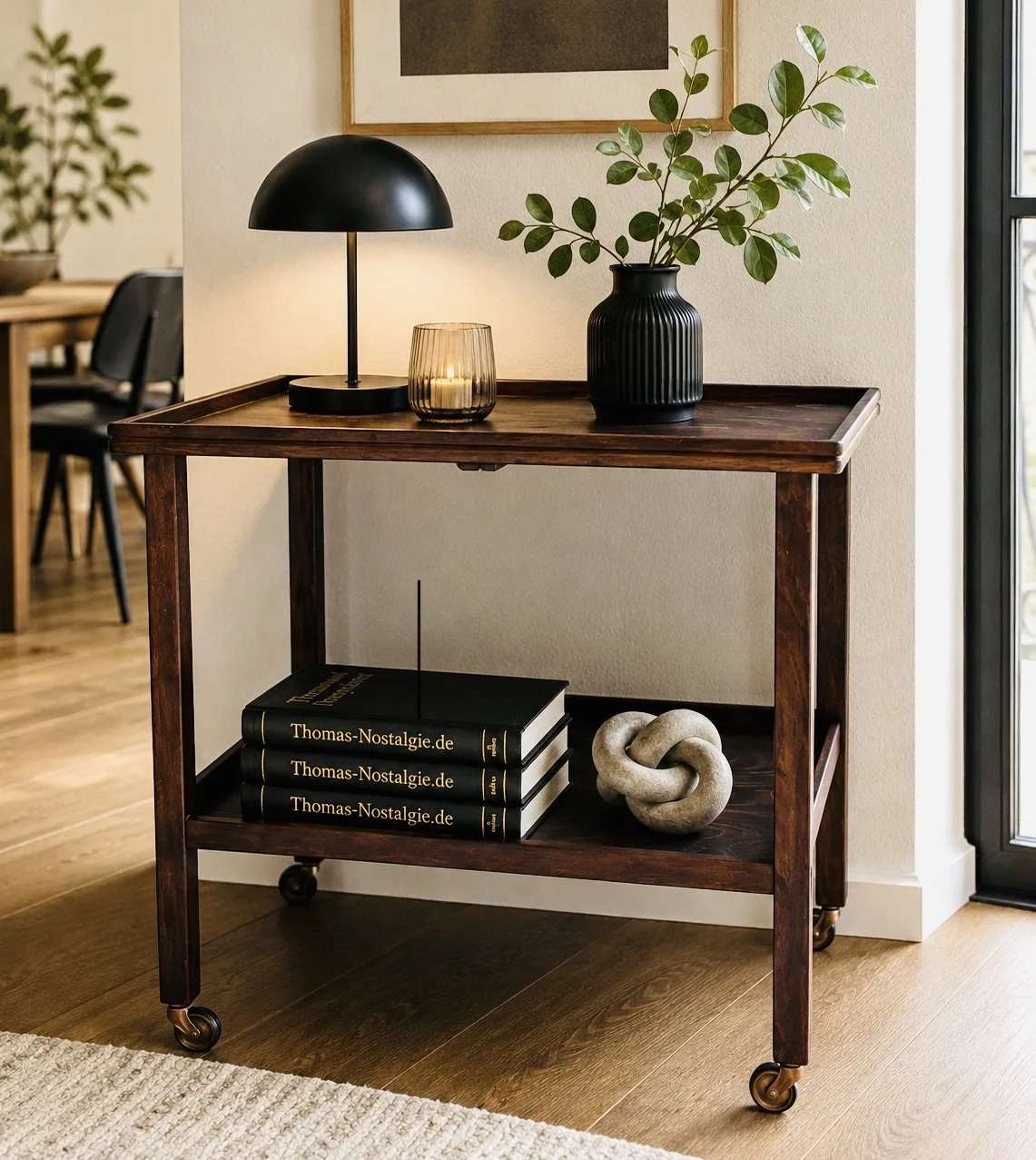 Teewagen – Servierwagen – Bartisch aus Nussbaum, antik, Vintage, Mid Century, skandinavisches Design