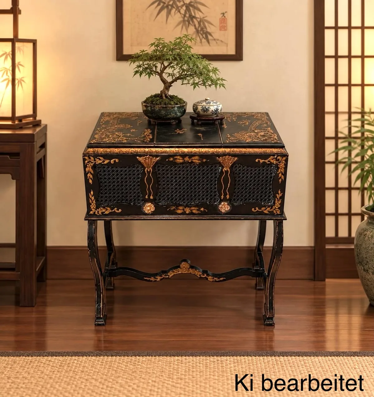 Travailleuse antik 1890er Chinoiserie Pagode Kranich – Elegante Travailleuse antik 1890er, Chinoiserie, Pagode-Kranich, Zinnoberrot, zwei klappbare Schubladen, Gold-Rot-Lack