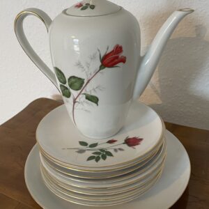 Keramik Teller Set mit Kanne, antik, Rosenmuster, Marke Eschenbach, Hingucker Nostalgie Kaffeerunde
