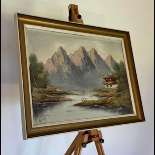 Ölgemälde, antik, Rahmen, Alpenländische Landschaft, Signatur