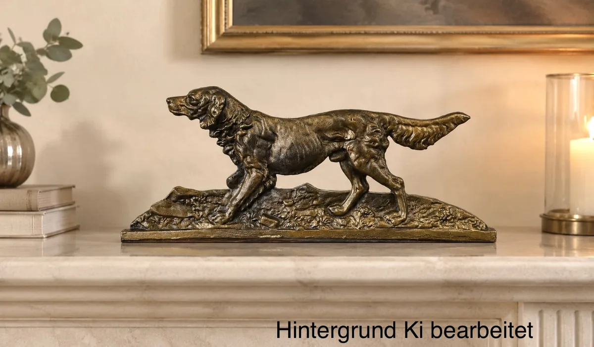 Skulptur, Hund, Messing, antik, Vintage, Landhaus, Holzsockel, dekorativ, zeitlos schön
