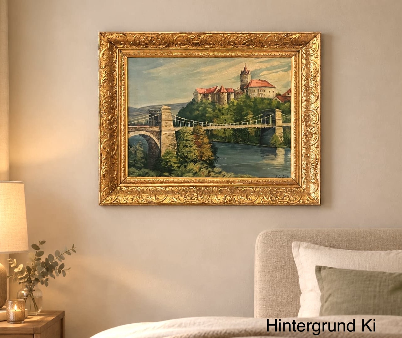 Öl Gemälde, Stuckrahmen, Signatur J.Vrücko 63 , Motiv Burg, Spätromantischer Realismus, Hingucker