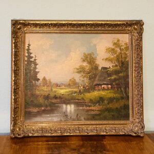 Öl Gemälde, Stuckrahmen, Signatur J. Kahl, Idyllische Landschaft, Spätromantische Biedermeierzeit