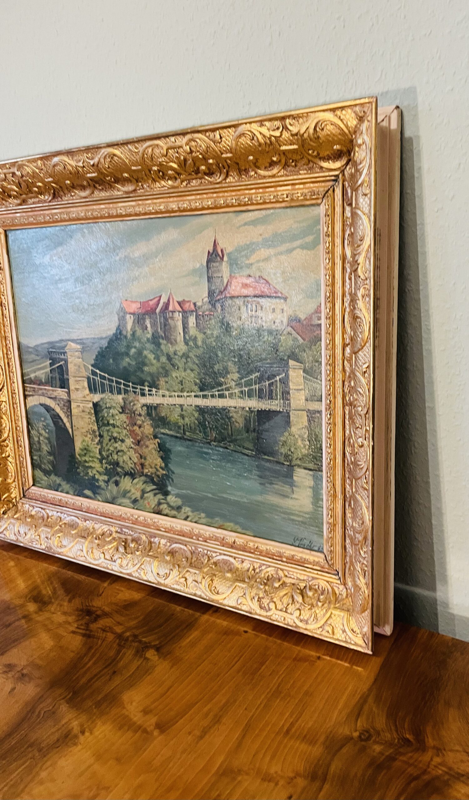 Öl Gemälde, Stuckrahmen, Signatur J.Vrücko 63 , Motiv Burg, Spätromantischer Realismus, Hingucker