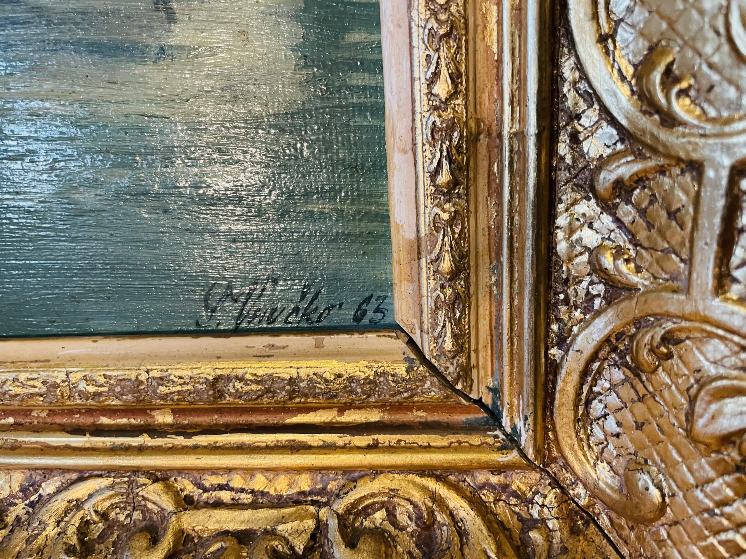 Öl Gemälde, Stuckrahmen, Signatur J.Vrücko 63 , Motiv Burg, Spätromantischer Realismus, Hingucker