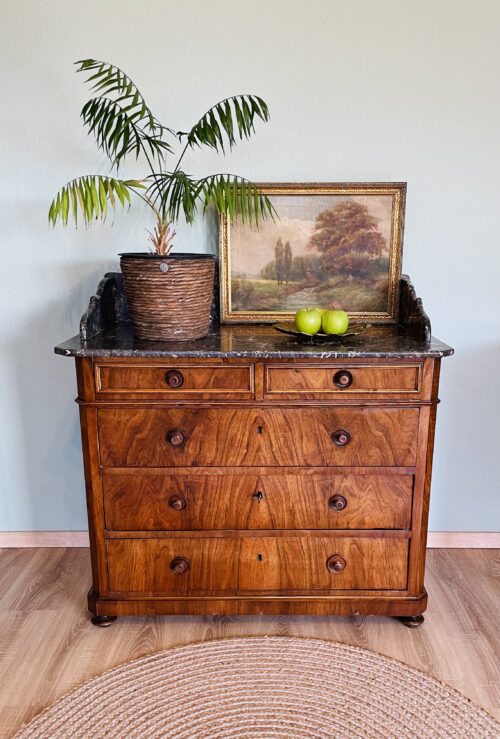 Kommode, antik, Gründerzeit, 1880er, Marmorplatte, Nussbaumfurnier, zeitlos, Hingucker
