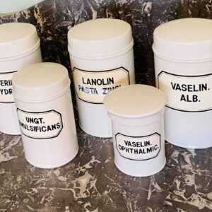 Apothekerdosen Set, antik, 1920er, Porzellan, Beschriftung, Sammlerstücke, Dekoration
