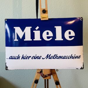 Emailschild, antik, Miele .auch hier eine Melkmaschine, 1930er, Patina, Industrie Design, Sammlerstück