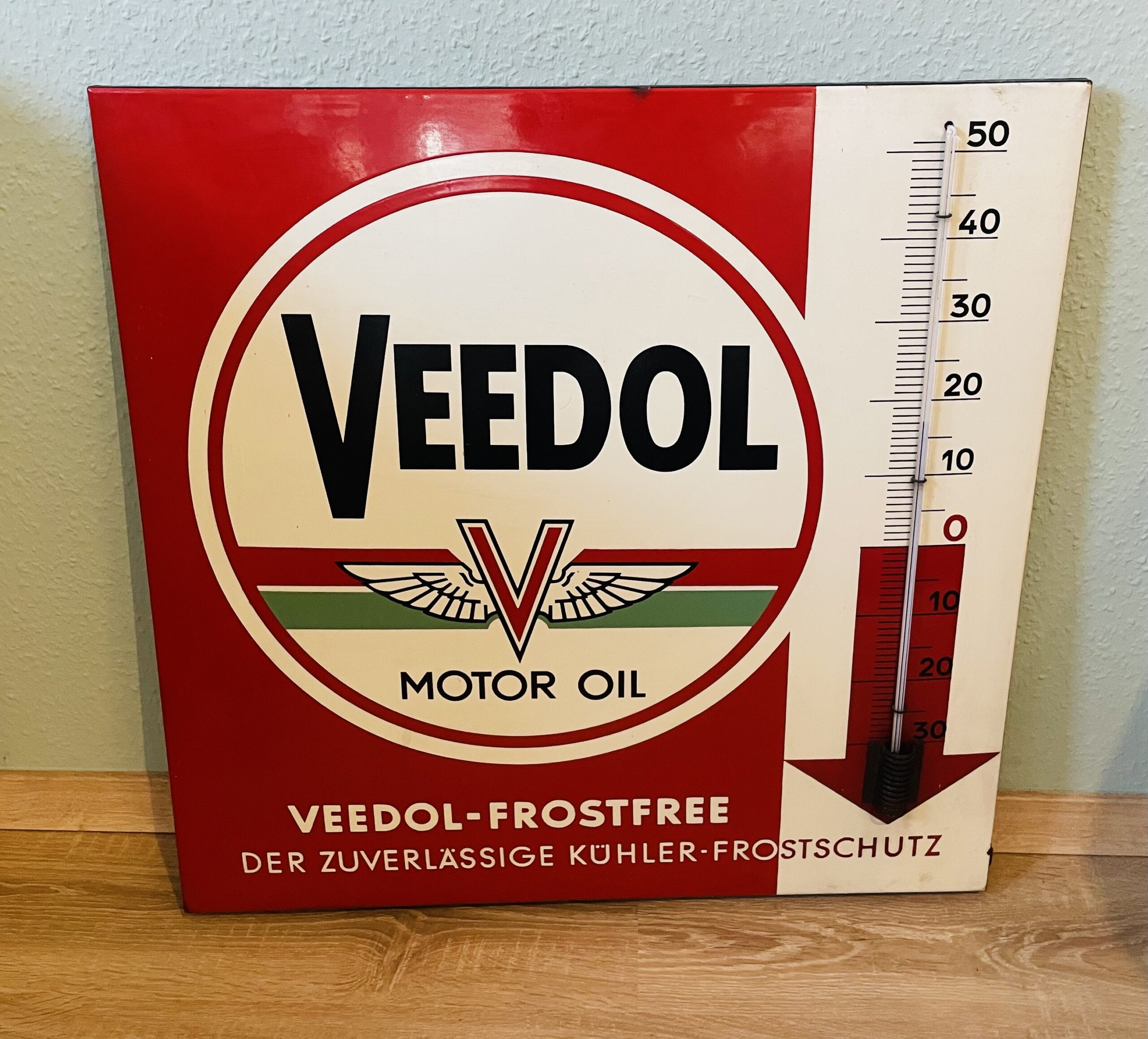 Emailschild Veedol, Motor Oil, antik, 1940er, Thermostat, Sammlerstück, Augenweide, Rarität