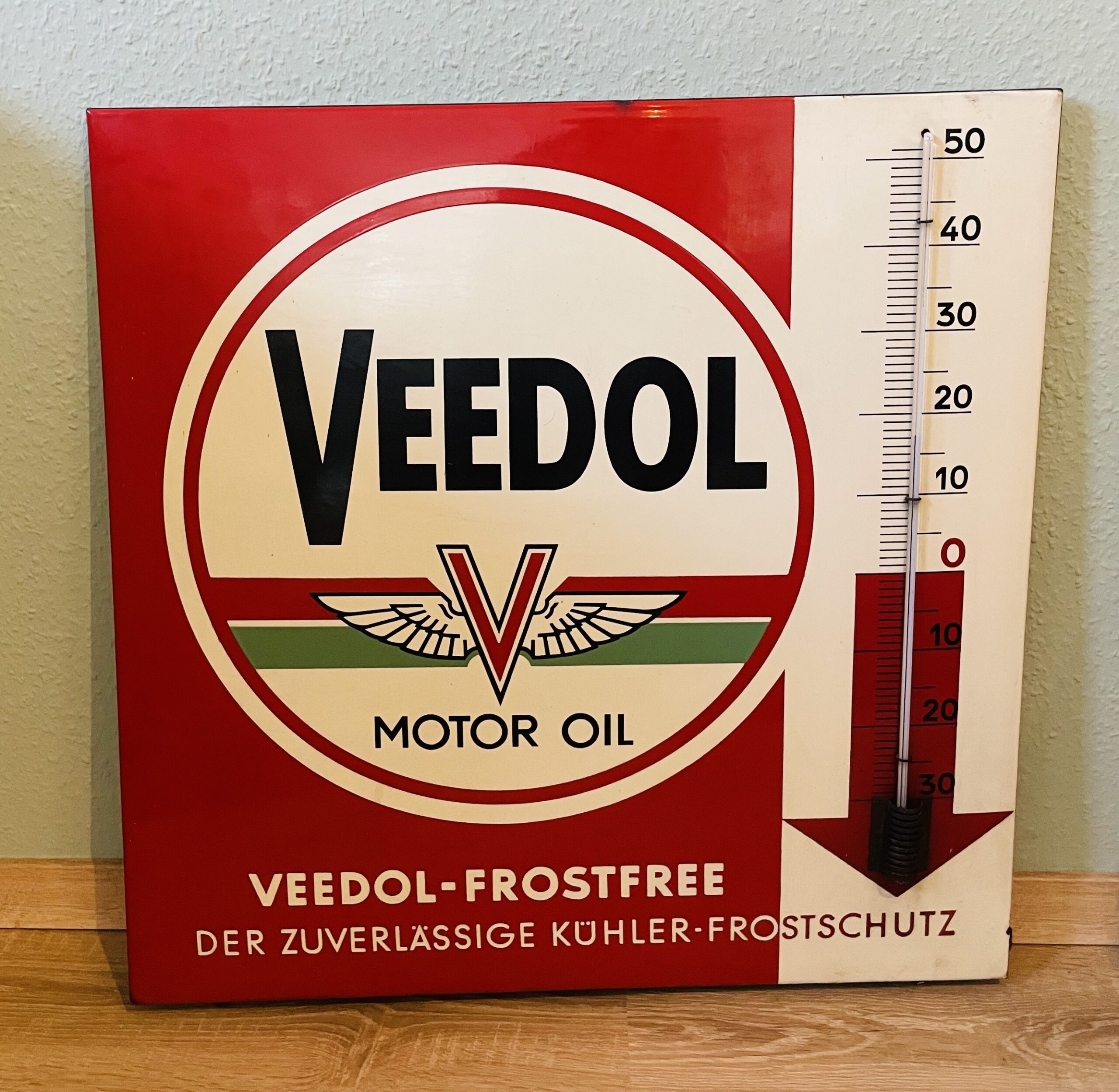 Emailschild Veedol, Motor Oil, antik, 1940er, Thermostat, Sammlerstück, Augenweide, Rarität