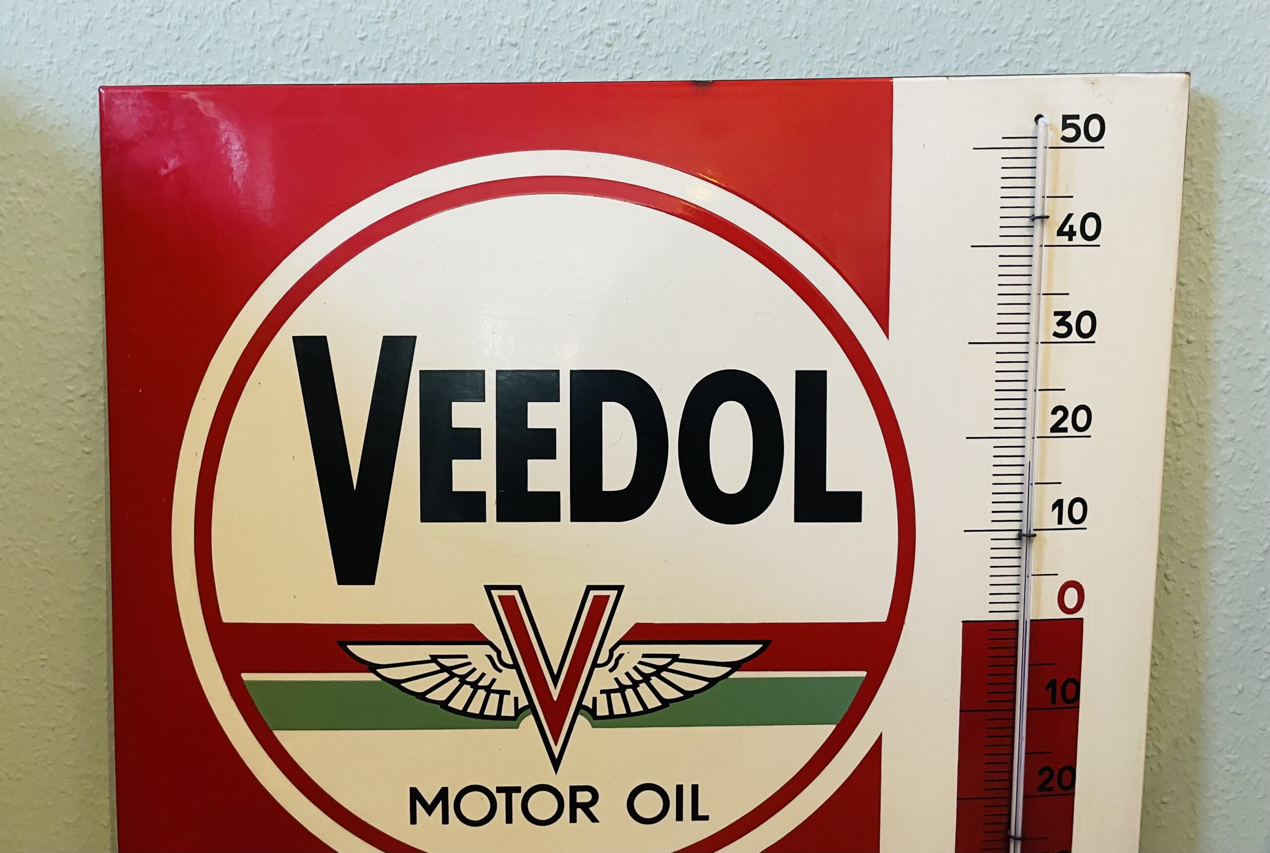 Emailschild Veedol, Motor Oil, antik, 1940er, Thermostat, Sammlerstück, Augenweide, Rarität