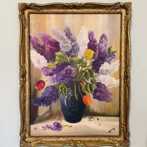 Antikes Öl-Gemälde aus den 1930/40er Jahren – Signiert ,,Berky“ – Stuckrahmen – Blumenstillleben mit Flieder und Tulpen