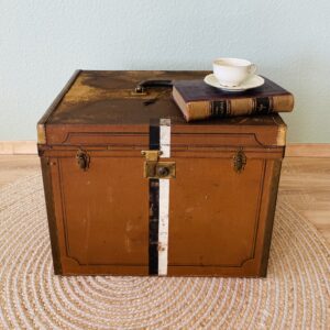 Antiker Überseekoffer (1890er) – Frontaufklappbar, Wappen-Muster, Hoflieferant, GEO. D. KNIPP Stuttgart