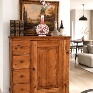 Antiker Biedermeier-Brotschrank aus Weichholz (1840er) – Landhaus-Stil, 4 Schubladen, Honigton, Schlüssel