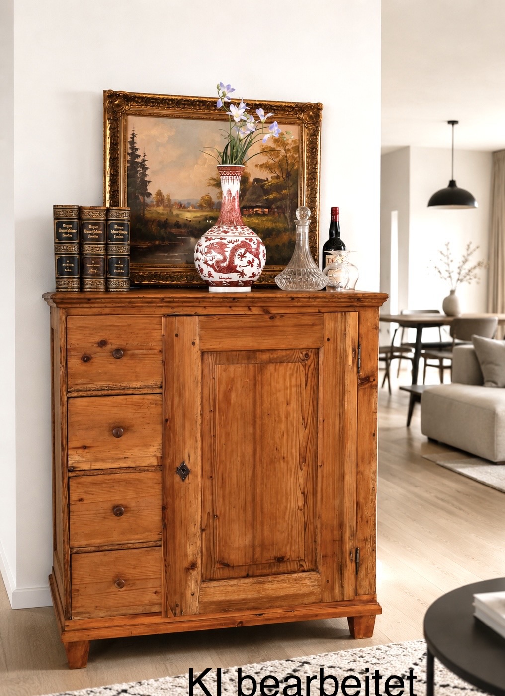 Antiker Biedermeier-Brotschrank aus Weichholz (1840er) – Landhaus-Stil, 4 Schubladen, Honigton, Schlüssel