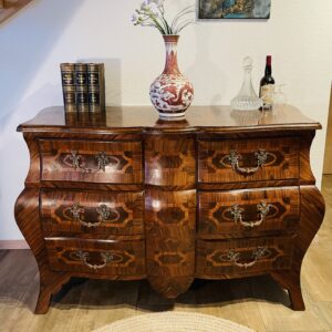 Antike Barock-Kommode – Vintage Palisanderfurnier, Intarsien & Edle Beschläge, sechs Schubladen