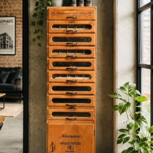 Nähgarnschrank aus den 1920ern – Ackermanns, Goldene Schlüssel, Industrial Design, komplette Gläser, Rarität