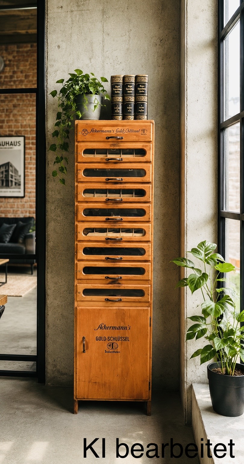 Nähgarnschrank aus den 1920ern – Ackermanns, Goldene Schlüssel, Industrial Design, komplette Gläser, Rarität