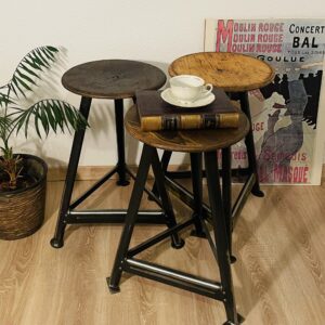Vintage-Werkstatthocker 3St. im Industrie-Charme – Stahl & Holz mit echter Patina, 50er/60er Jahre