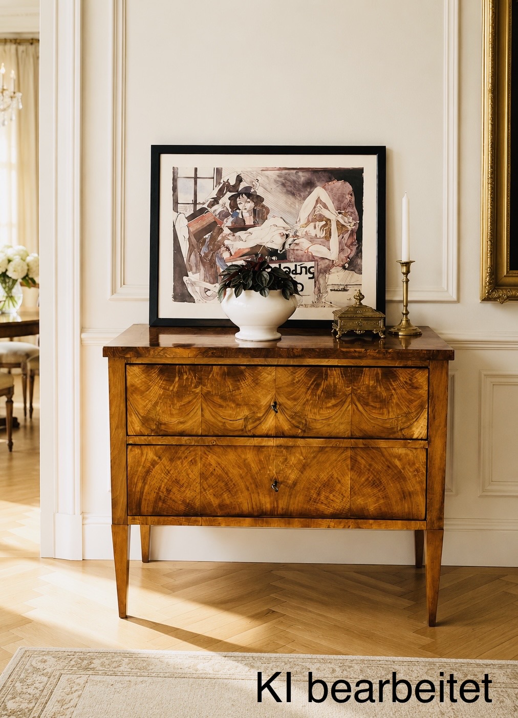 Antike Biedermeier-Kommode 1820er – Wahlnussbaum, gewachst, konische Beine, Schmuckstück