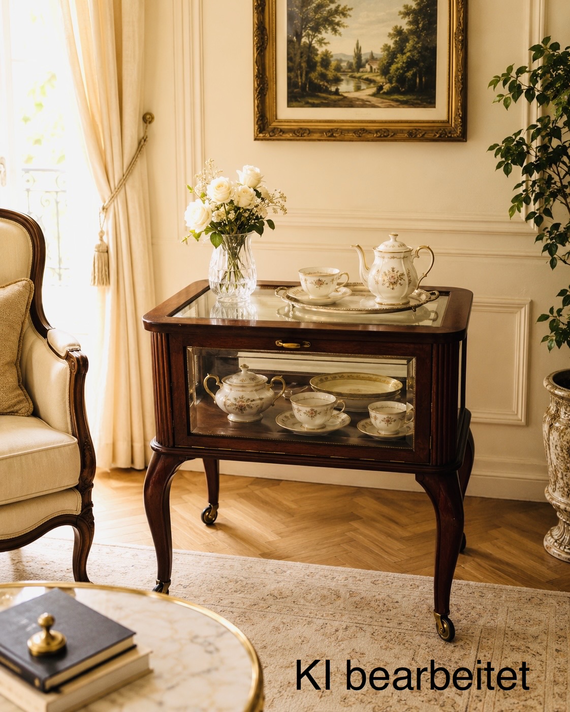 Antiker Tee-Servierwagen Art Deco (1920er) aus Nussbaum – Vitrine, elegante Augenweide