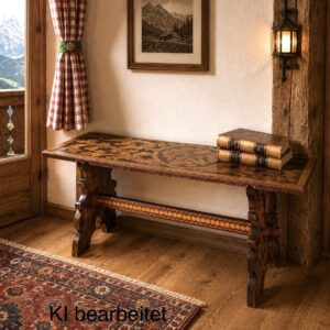 Sitzbank, antik, Südtirol, 1898, Brandmalerei, Alpenmöbel, schöne Verzierungen, Augenweide