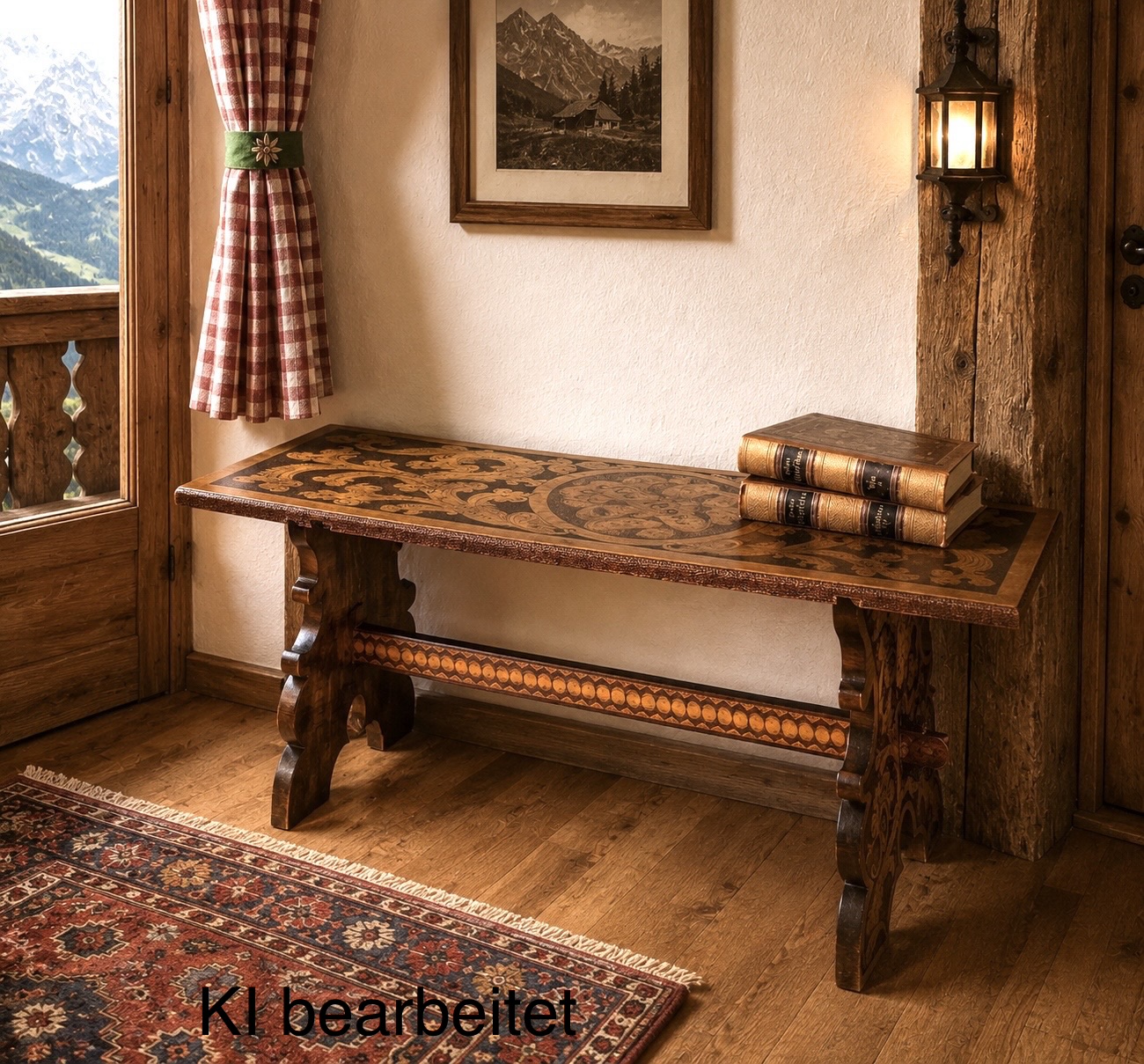 Sitzbank, antik, Südtirol, 1898, Brandmalerei, Alpenmöbel, schöne Verzierungen, Augenweide